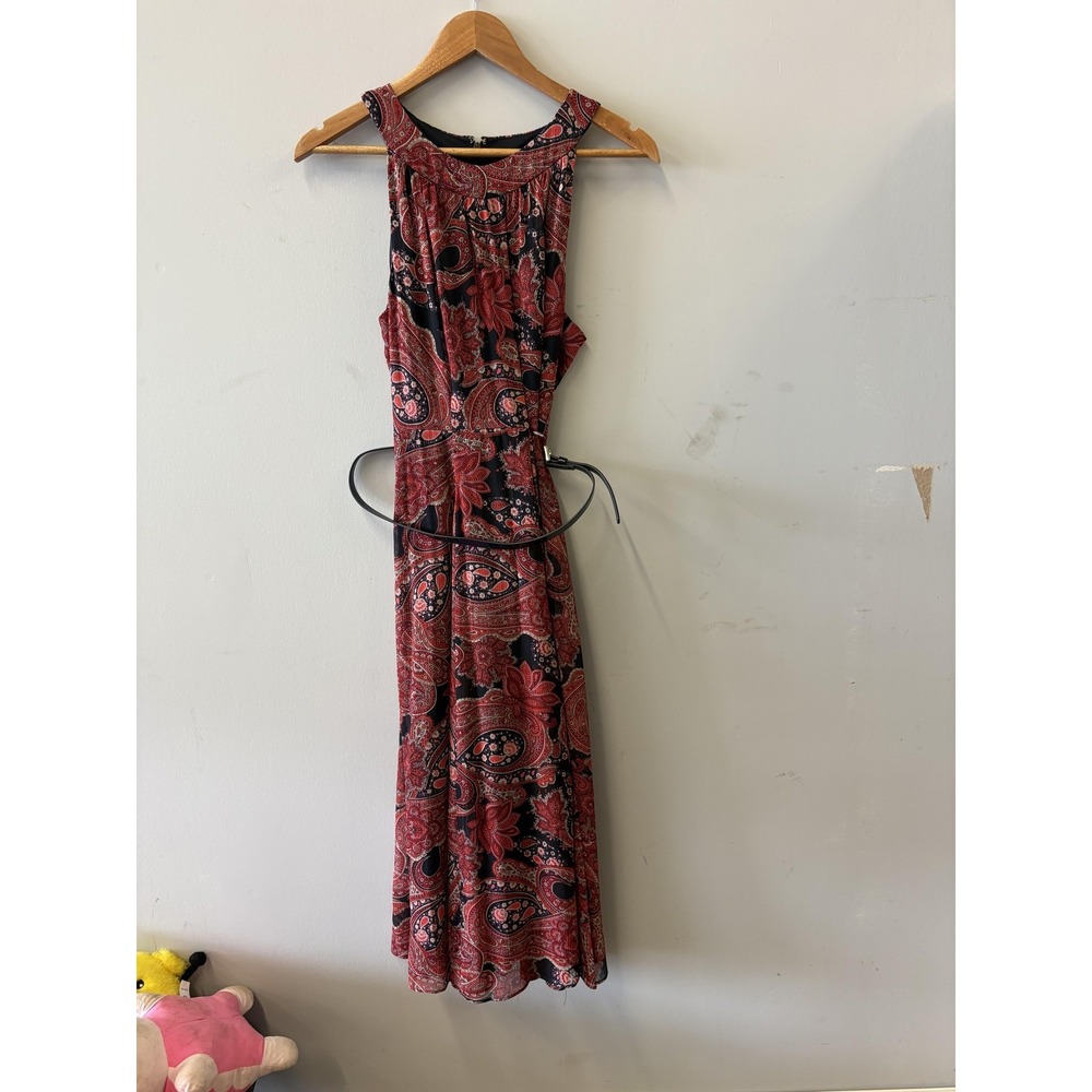 Tommy Hilfiger Dress Womens 10 Red Paisley‎ Belted Sleeveless Midi Sundress